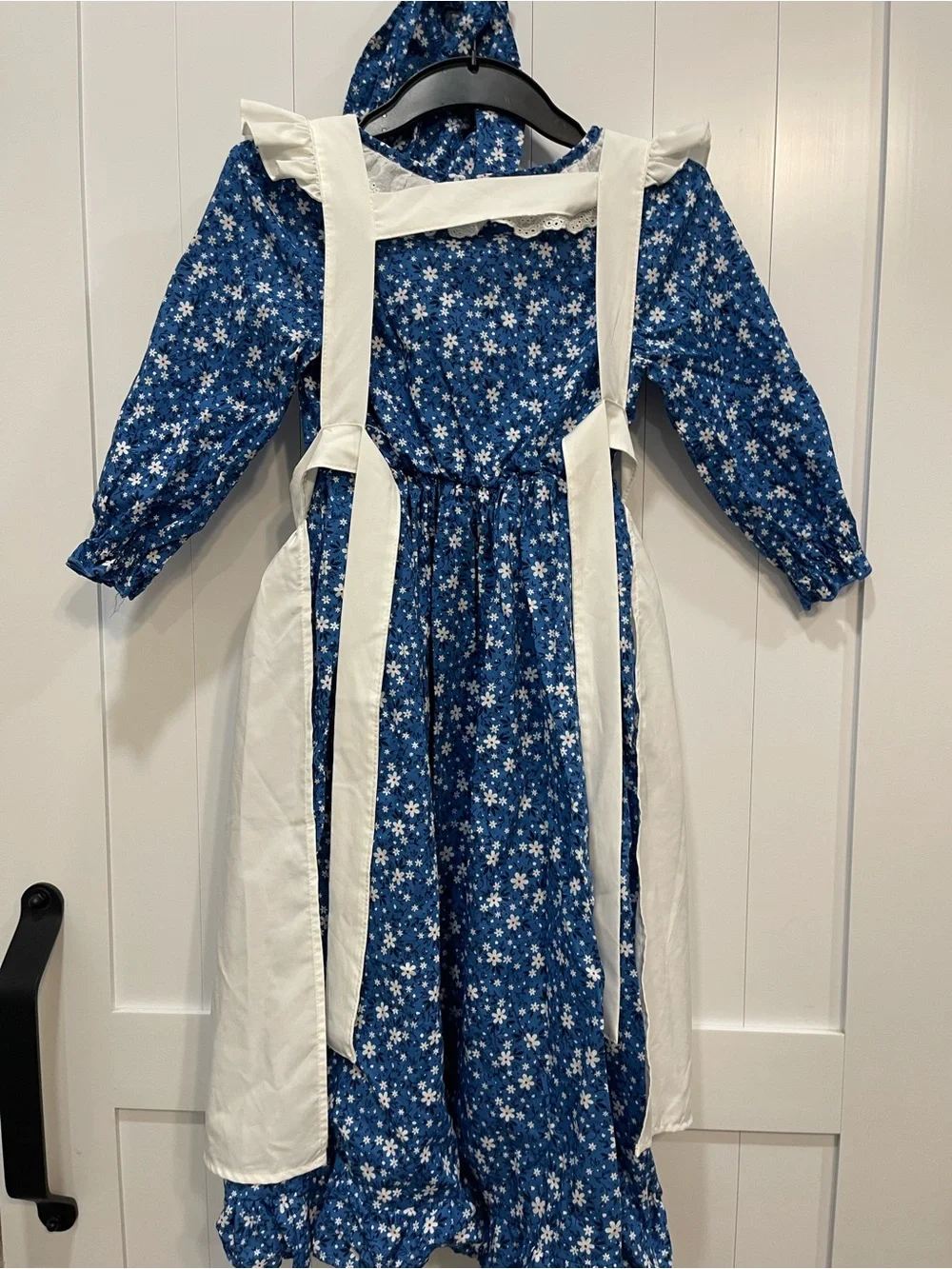 Blue Floral Pioneer Girls Costume White Apron Bonnet pilgrim little house 8-10